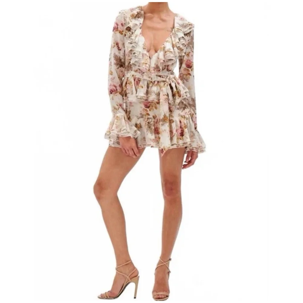 Ronny Kobo Small Palmero Dress Muted Floral Tiered V Neck Ruffles EUC $528